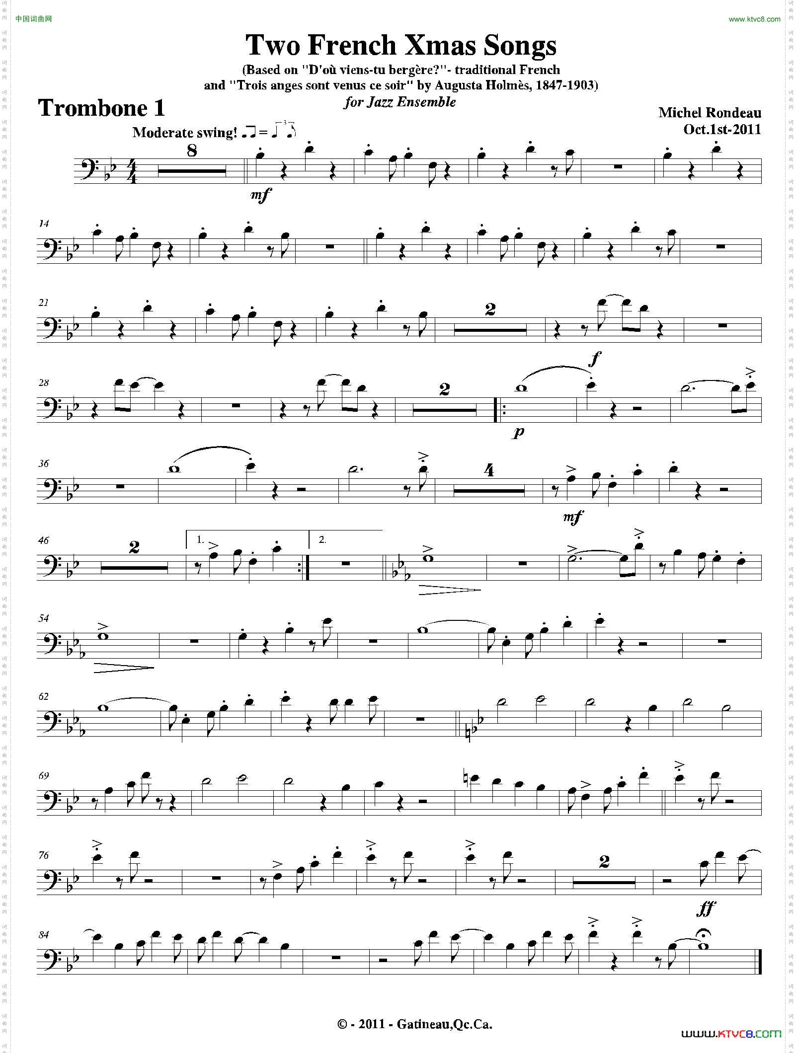 TwoFrenchXmasSongs第一长号分谱_Two French Xmas Songs第一长号分谱