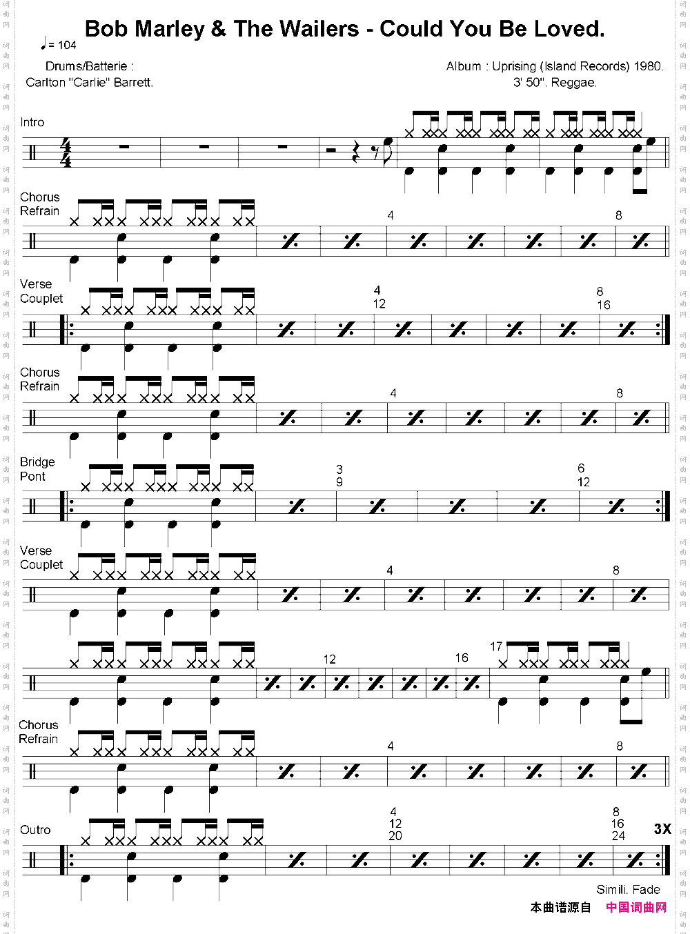 爵士鼓谱：BobMarley-Couldyoubeloved