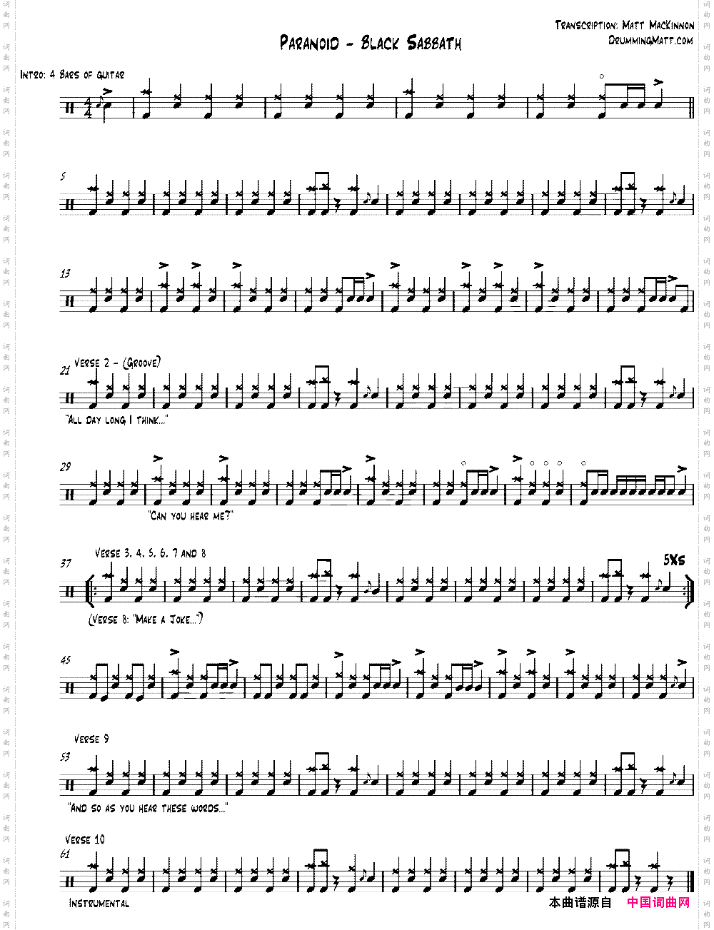 爵士鼓谱：BlackSabbath-Paranoid