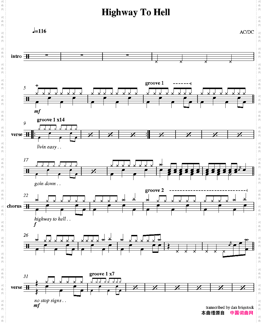爵士鼓谱：AcDc-Highwaytohell