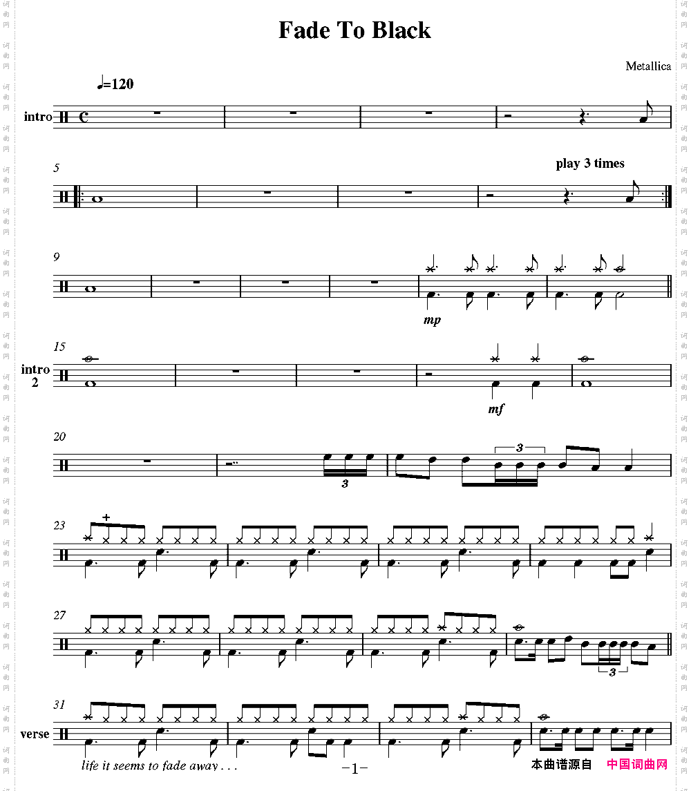 爵士鼓谱：Metallica-fadetoblack