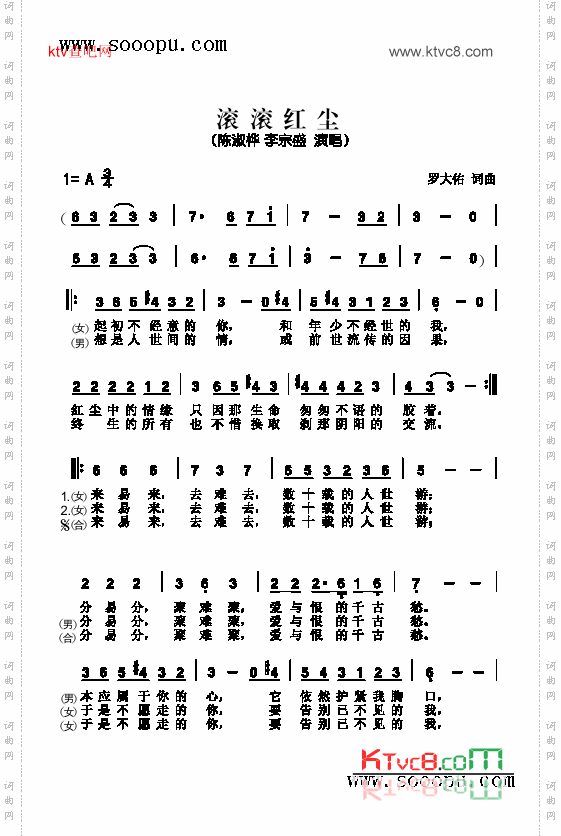 滚滚红尘歌曲类简谱