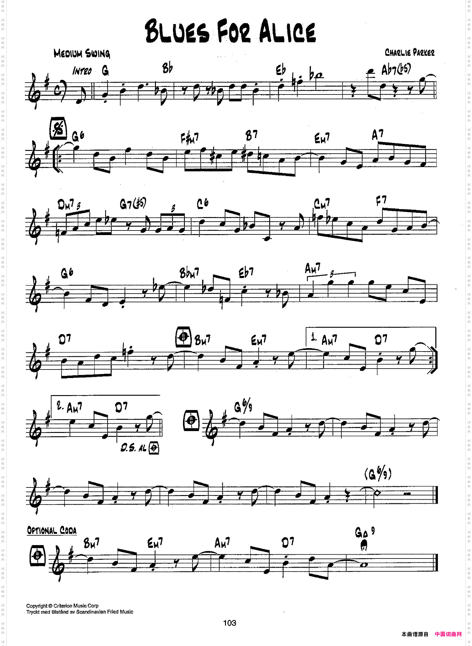 降B爵士乐谱：BLUESFORALICE