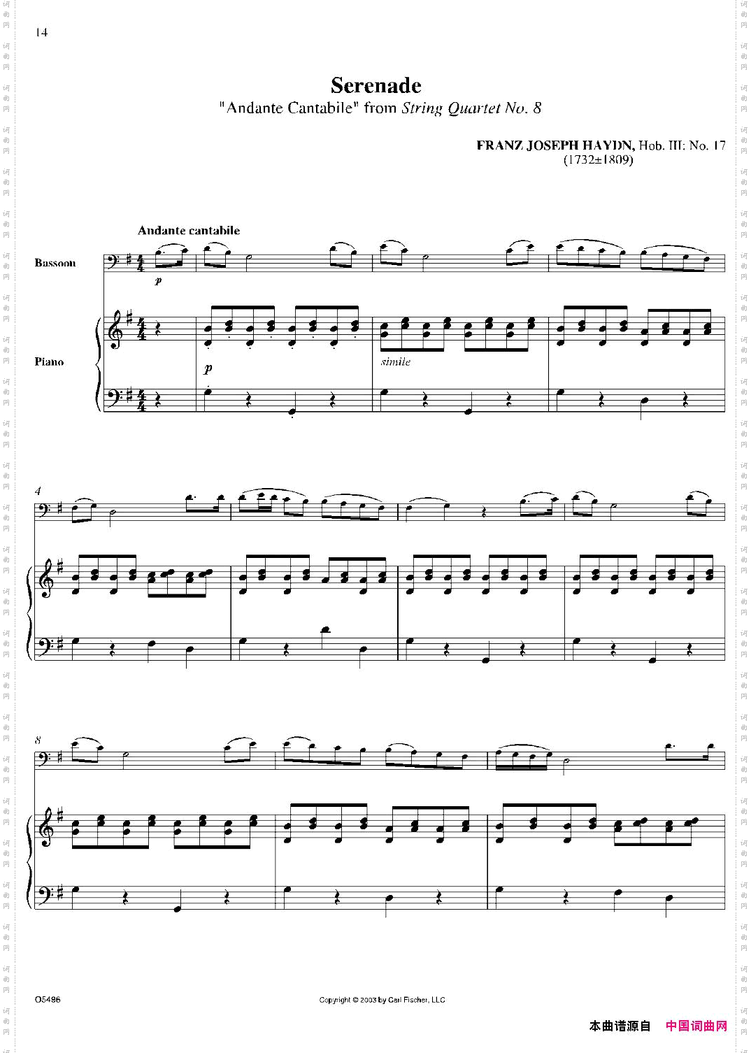 Serenade“AndanteCantabile”fromStringQuartetNo.8巴松+钢琴伴奏_Serenade “Andante Cantabile”from String Quartet No. 8巴松+钢琴伴奏