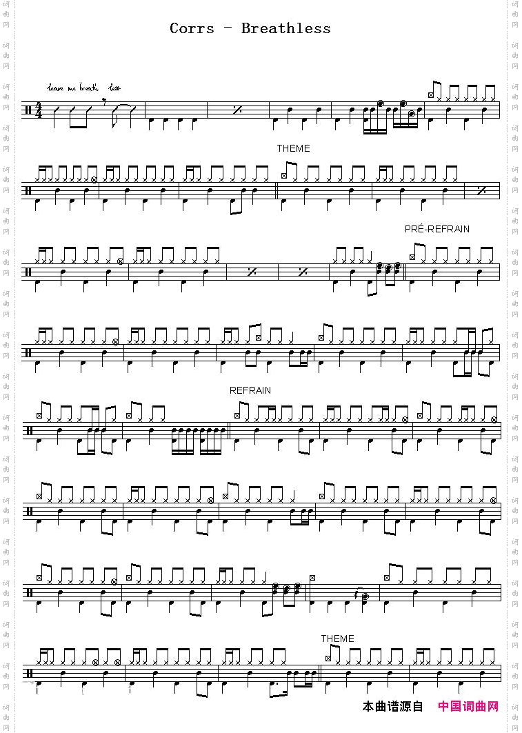 爵士鼓谱：Corrs-Breathless