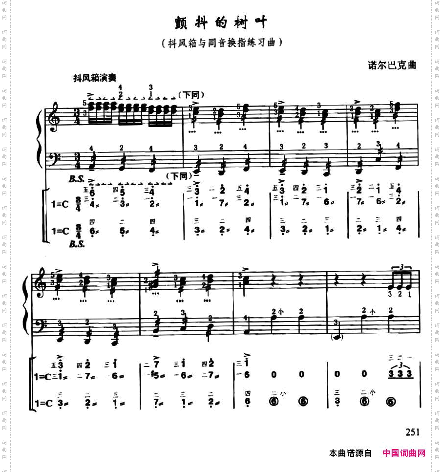 颤抖的树叶线简谱对照、带指法版