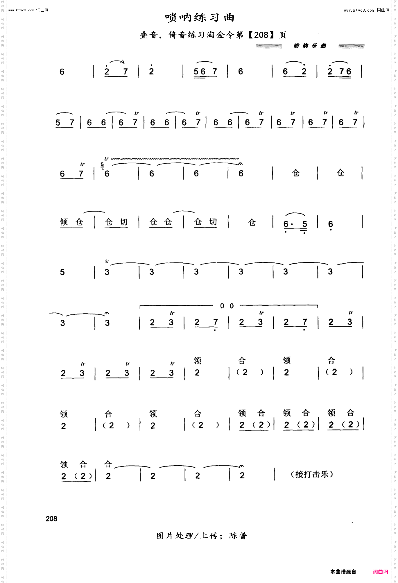唢呐练习曲_叠音，倚音练习，淘金令【208】页