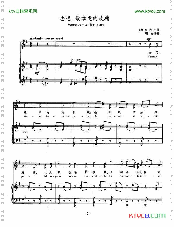 去吧，最幸运的玫瑰中外文对照、正谱[意]