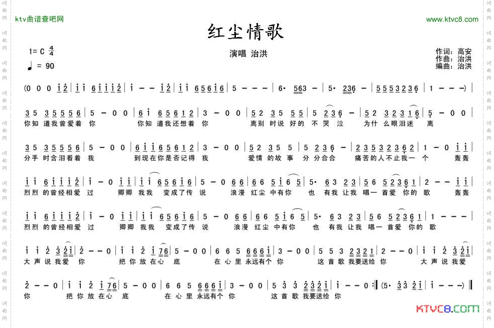 红尘情歌高安词治洪曲五线谱+简谱