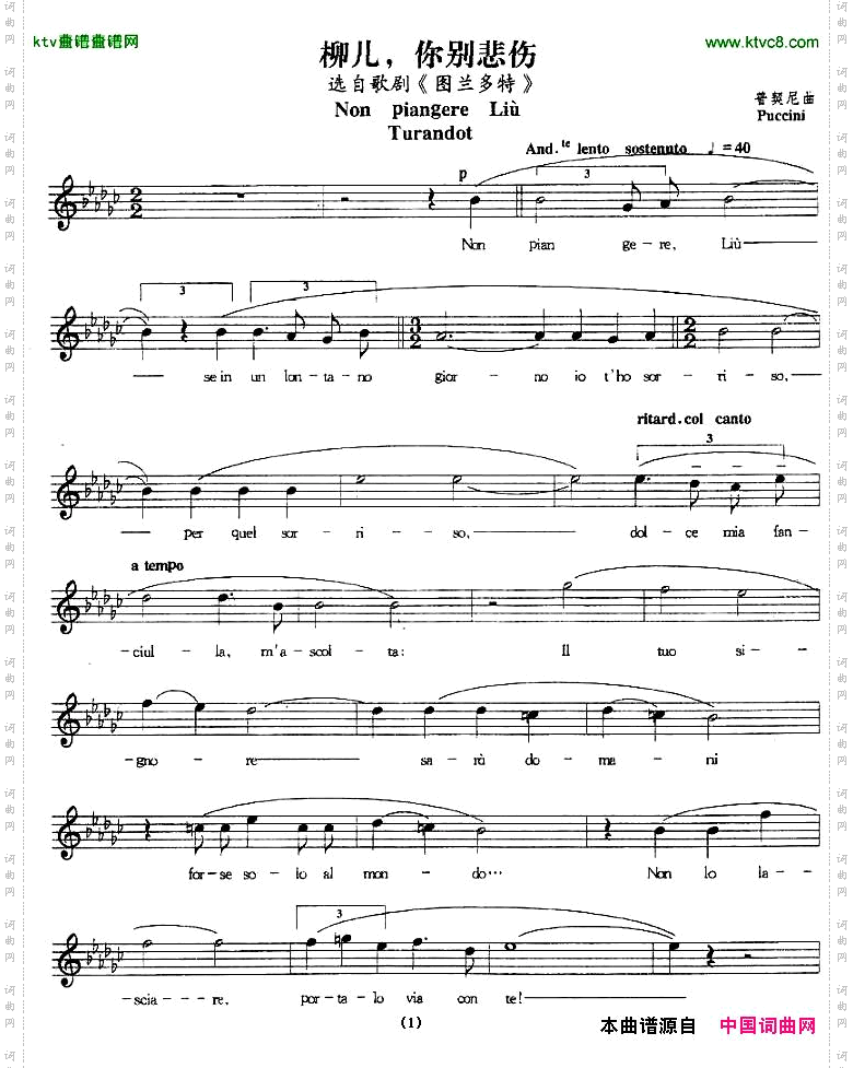 柳儿，别悲伤五线谱[意]