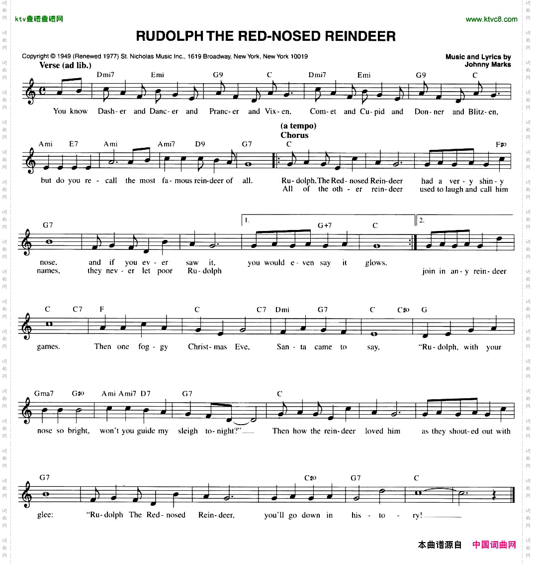 RUDOLPHTHERED-NOSEDREINDEER五线谱