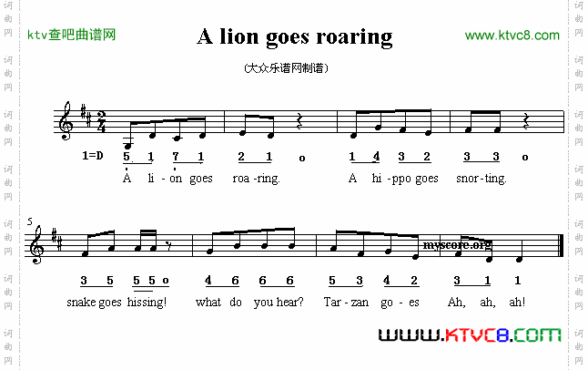 Aliongoesroaring英文儿歌、五线谱
