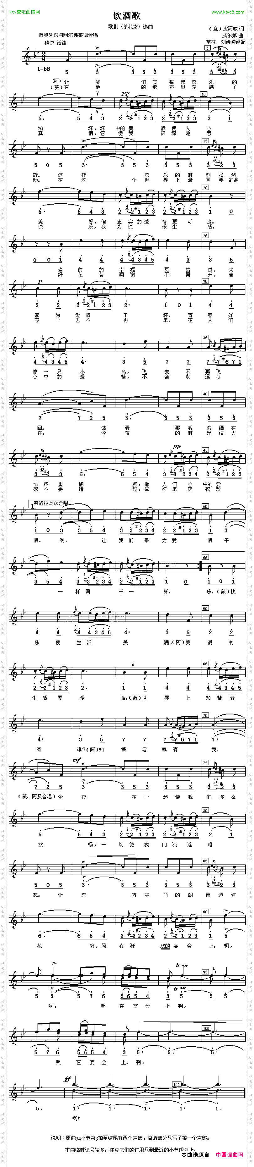 [意]饮酒歌歌剧《茶花女》选曲、线简谱混排版