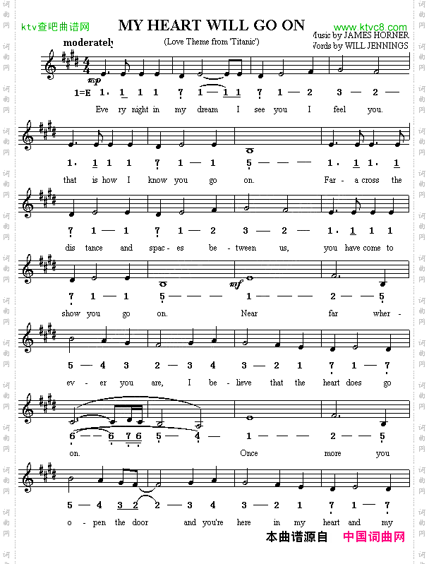 Myheartwillgoon《铁达尼号》主题歌线简谱混排版