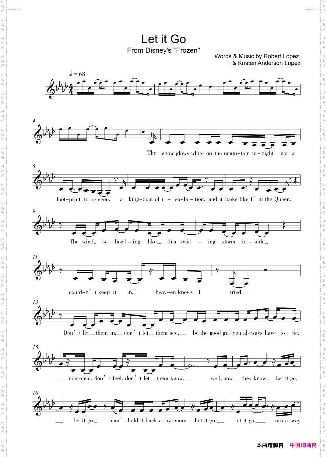Letitgo-随它吧冰雪奇缘主题曲【线谱】