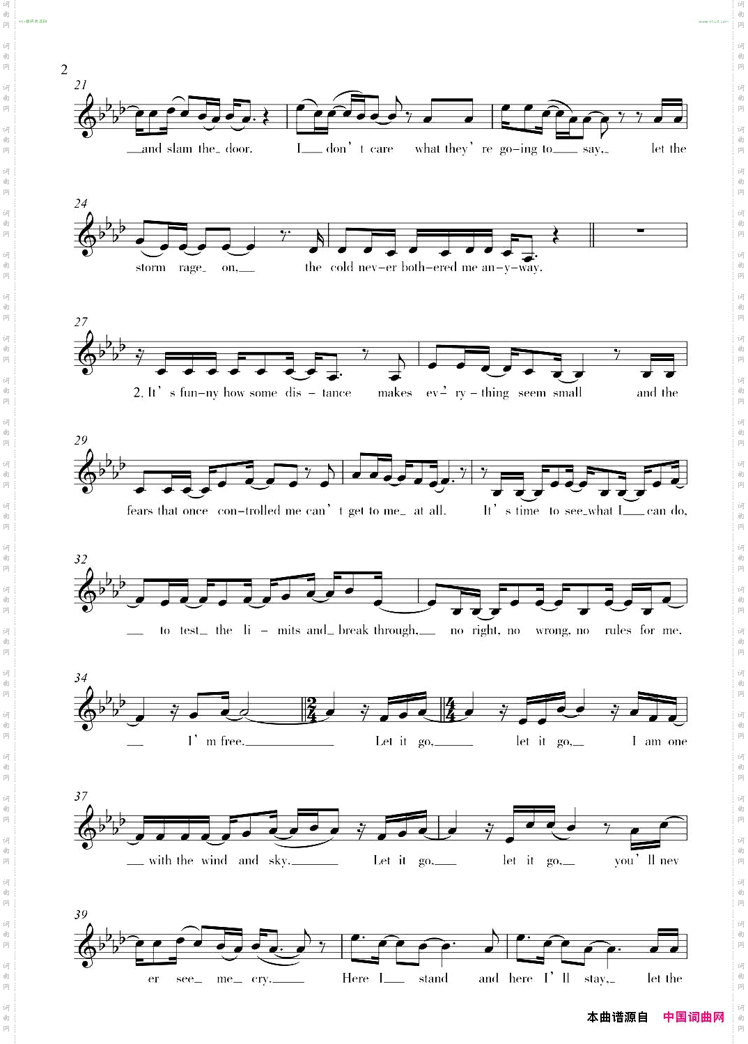 Letitgo-随它吧冰雪奇缘主题曲【线谱】