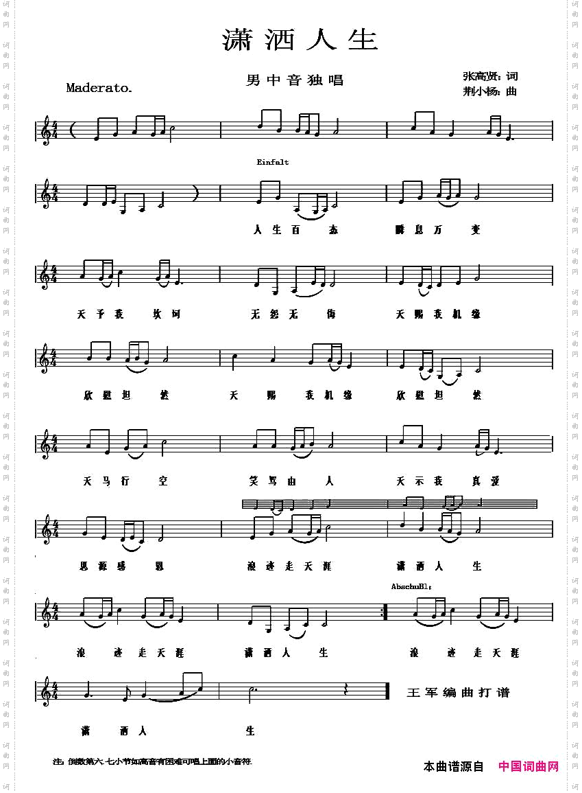 潇洒人生张高贤词荆小杨曲简谱+五线谱