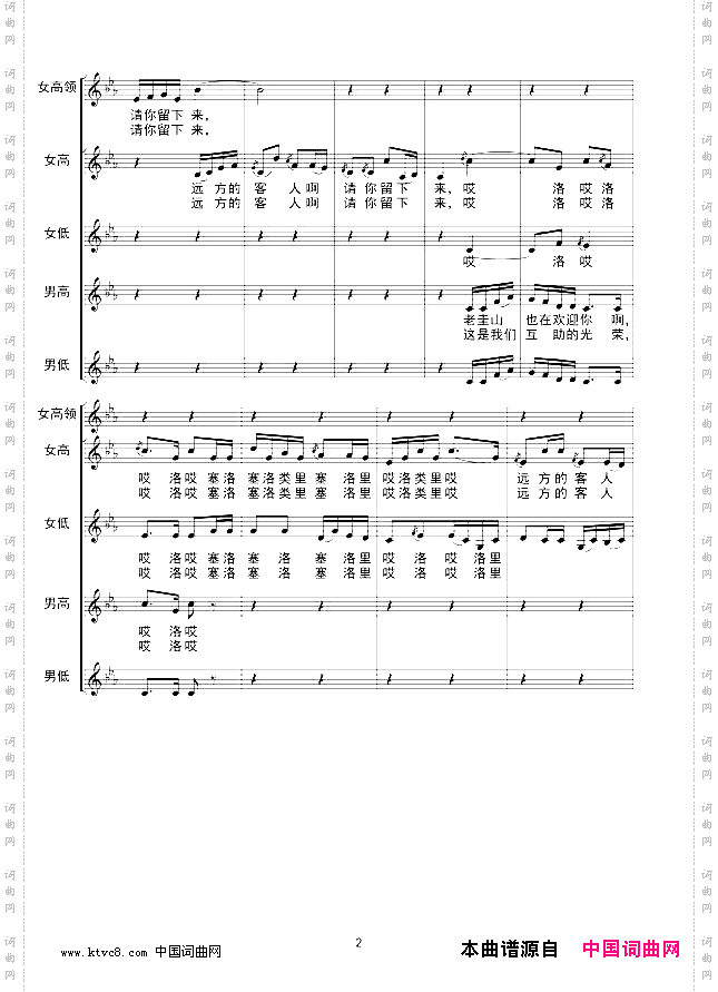 远方的客人请你留下来合唱线谱