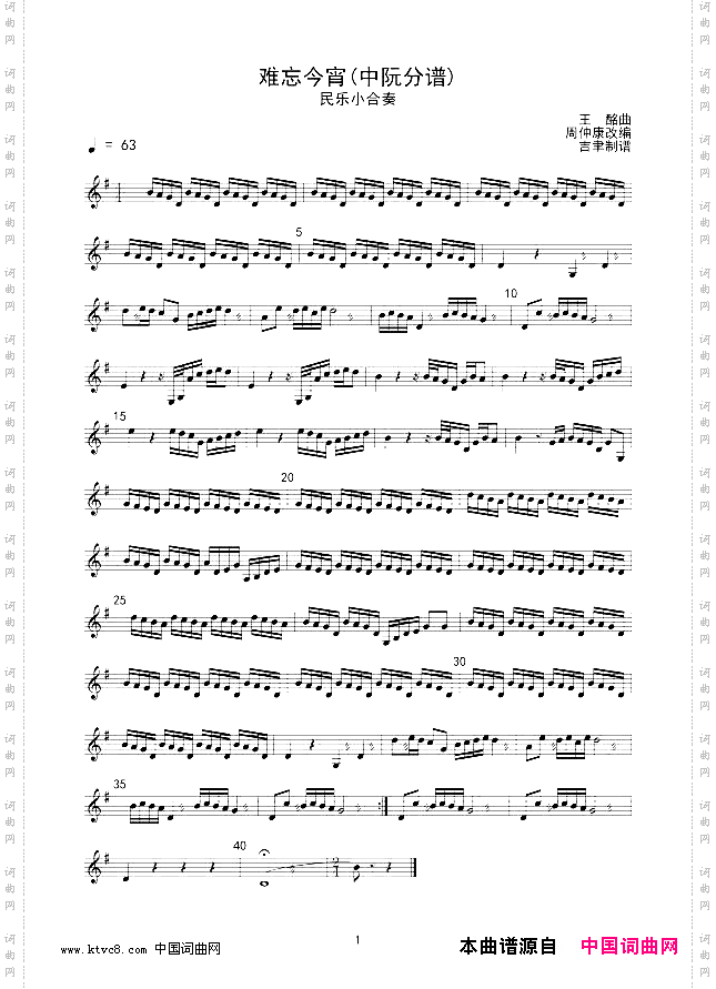 难忘今宵中阮分谱线谱