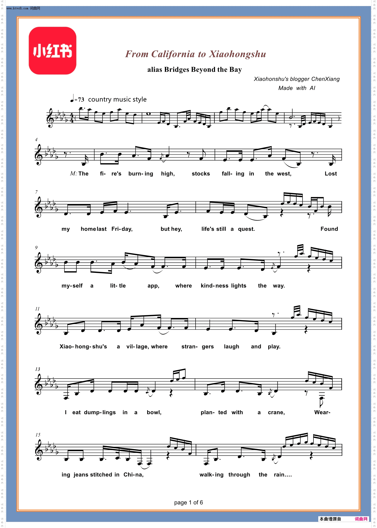 从加州到小红书_From California to Xiaohongshu_五线谱英文版