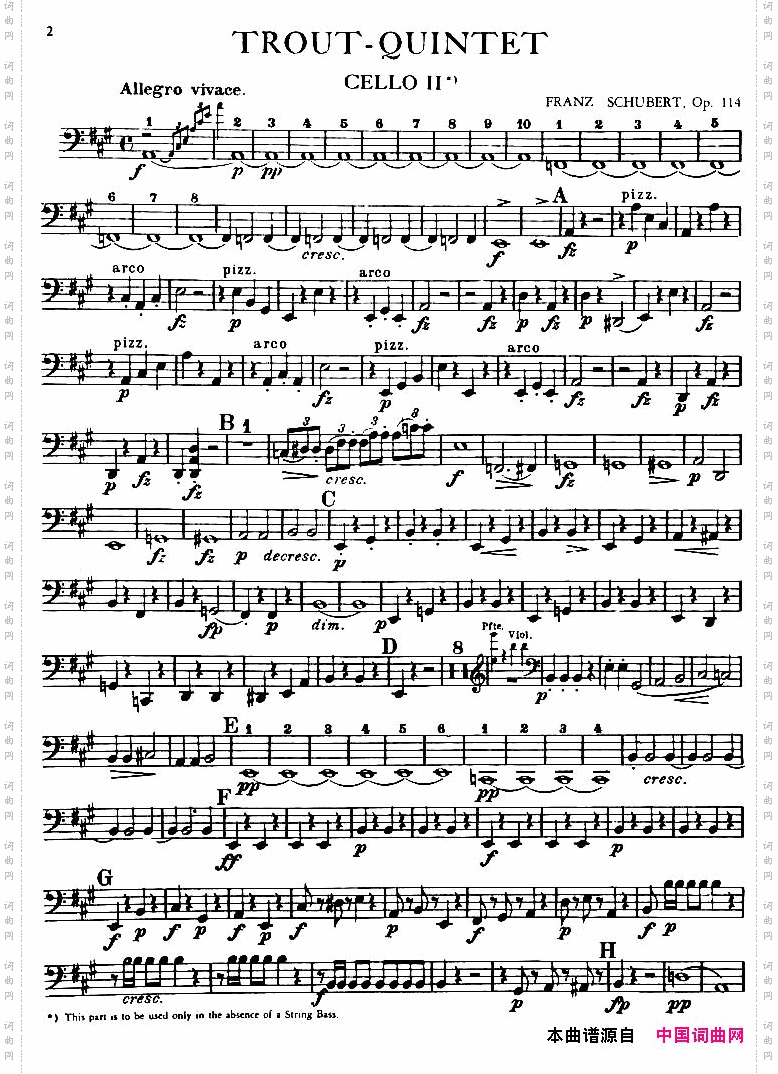 TROUTQUINTET鳟鱼五重奏第二大提琴分谱_TROUT QUINTET鳟鱼五重奏第二大提琴分谱