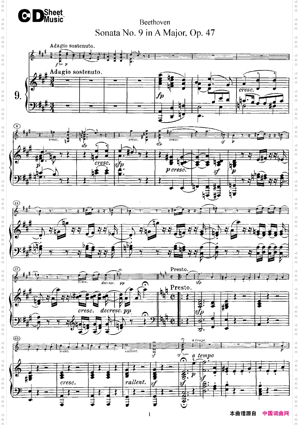 ViolinSonataNo.9inAMajorOp.47小提琴+钢琴伴奏_Violin Sonata No.9 in A Major Op.47小提琴+钢琴伴奏