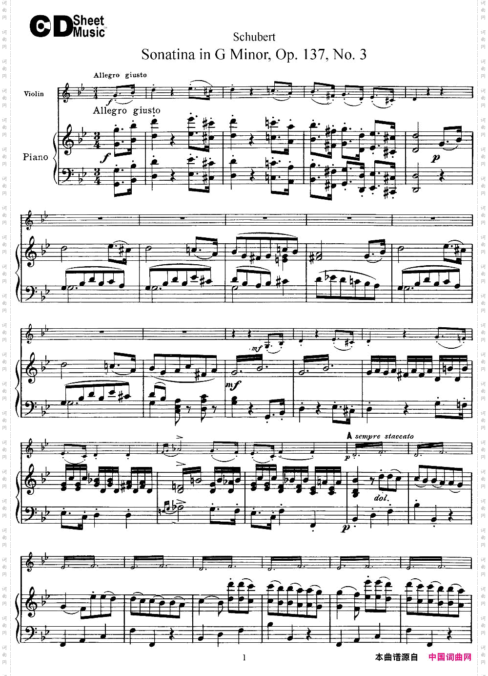 ViolinSonatinainGminorOp.137No.3小提琴+钢琴伴奏_Violin Sonatina in G minor Op.137 No.3小提琴+钢琴伴奏