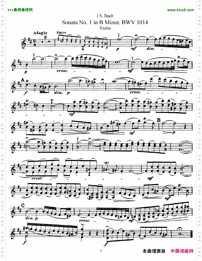 巴赫小提琴奏鸣曲No.1b小调BWV1014小提琴谱