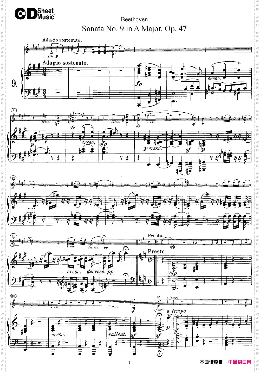 ViolinSonataNo.9inAMajorOp.47小提琴+钢琴伴奏_Violin Sonata No.9 in A Major Op.47小提琴+钢琴伴奏