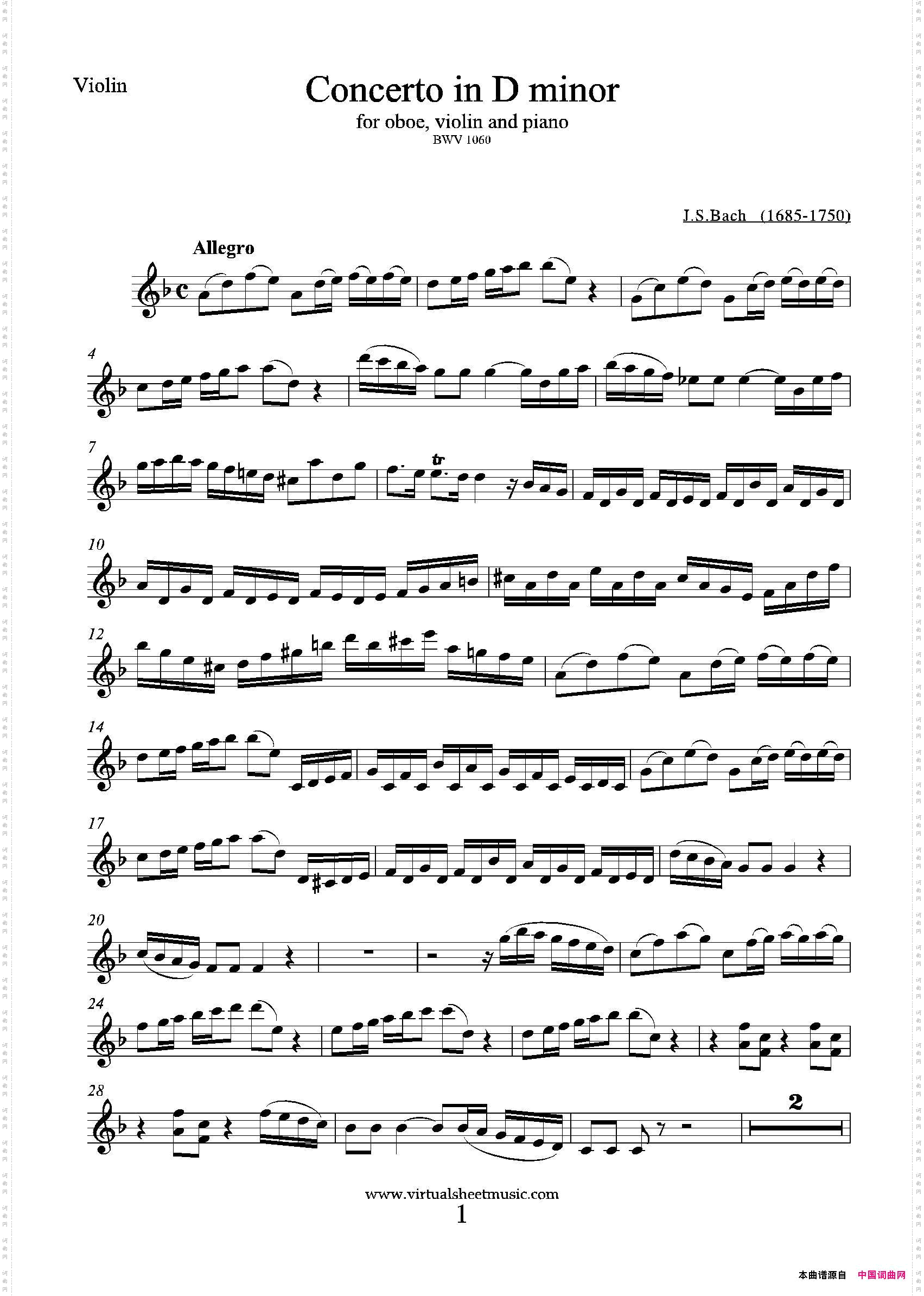 ConcertoinDminor小提琴分谱_Concerto in D minor小提琴分谱