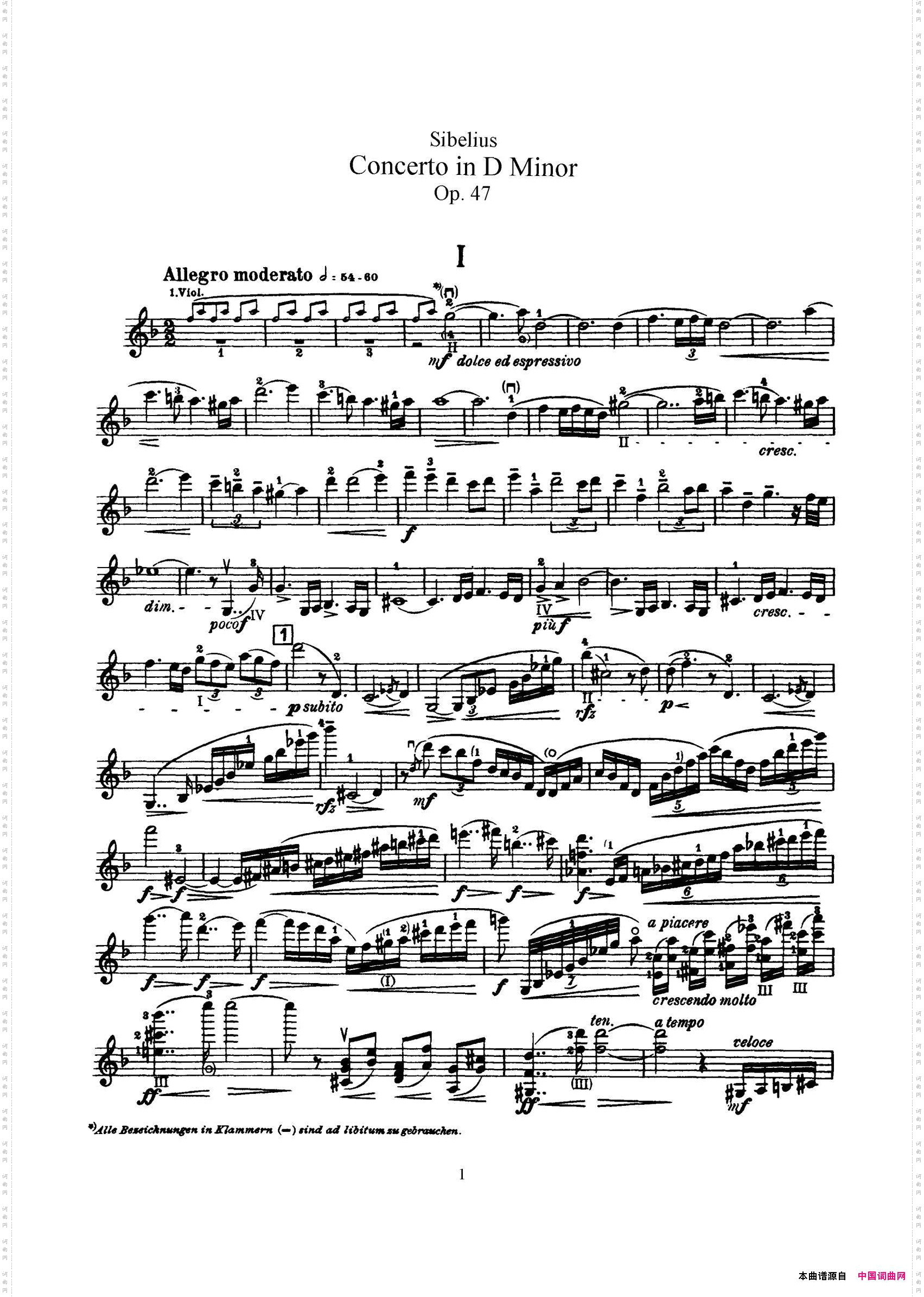 ConcertoinDMinorOp.47小提琴分谱_Concerto in D Minor Op.47小提琴分谱