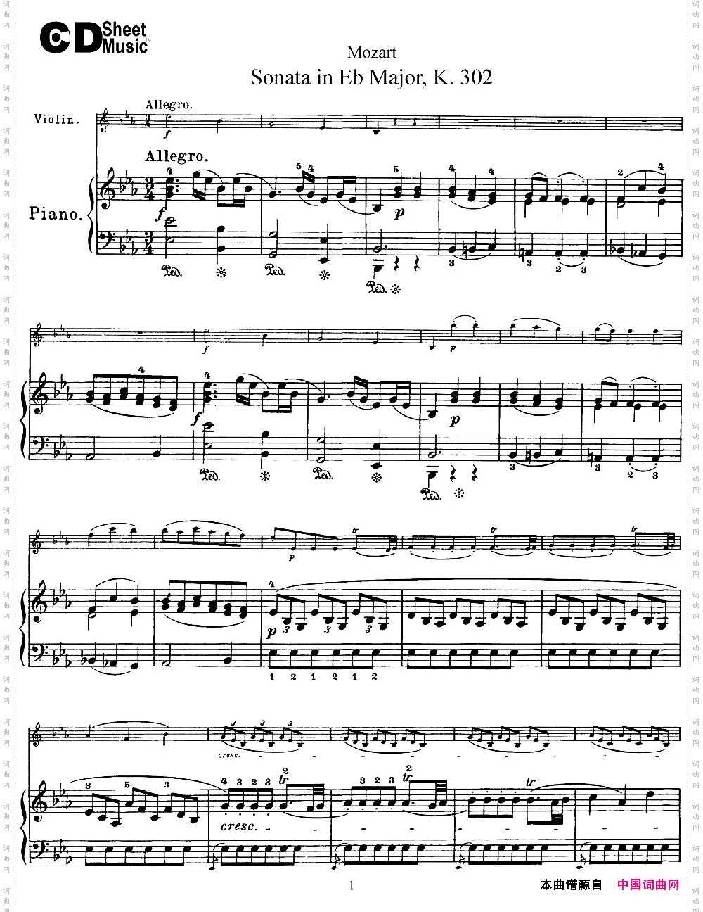 ViolinSonatainEbMajorK.302小提琴+钢琴伴奏_Violin Sonata in Eb Major K.302小提琴+钢琴伴奏