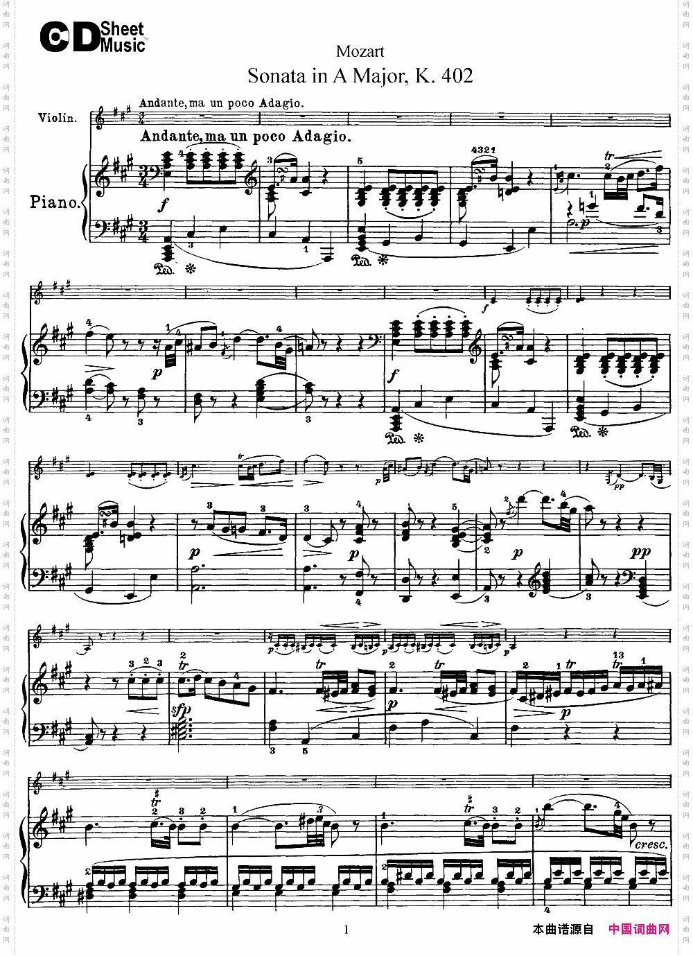 ViolinSonatainAMajorK.402小提琴+钢琴伴奏_Violin Sonata in A Major K.402小提琴+钢琴伴奏