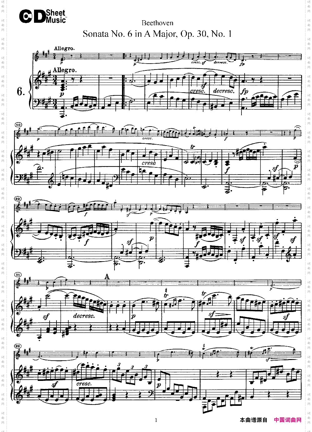 ViolinSonataNo.6inAMajorOp.30No.1小提琴+钢琴伴奏_Violin Sonata No.6 in A Major Op.30 No.1小提琴+钢琴伴奏