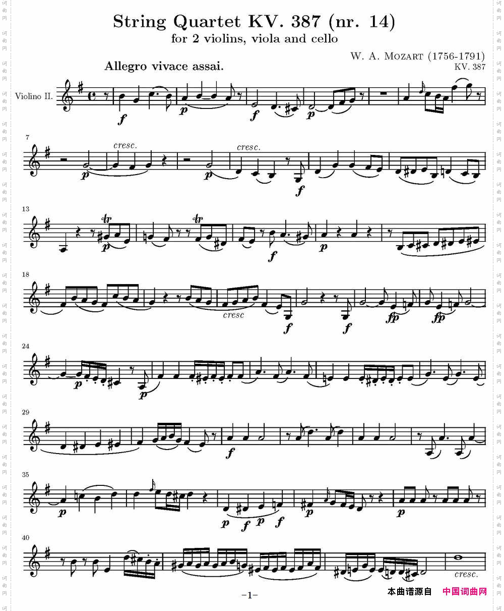 StringQuartetKV.387弦乐四重奏第二小提琴分谱_String Quartet KV.387弦乐四重奏第二小提琴分谱