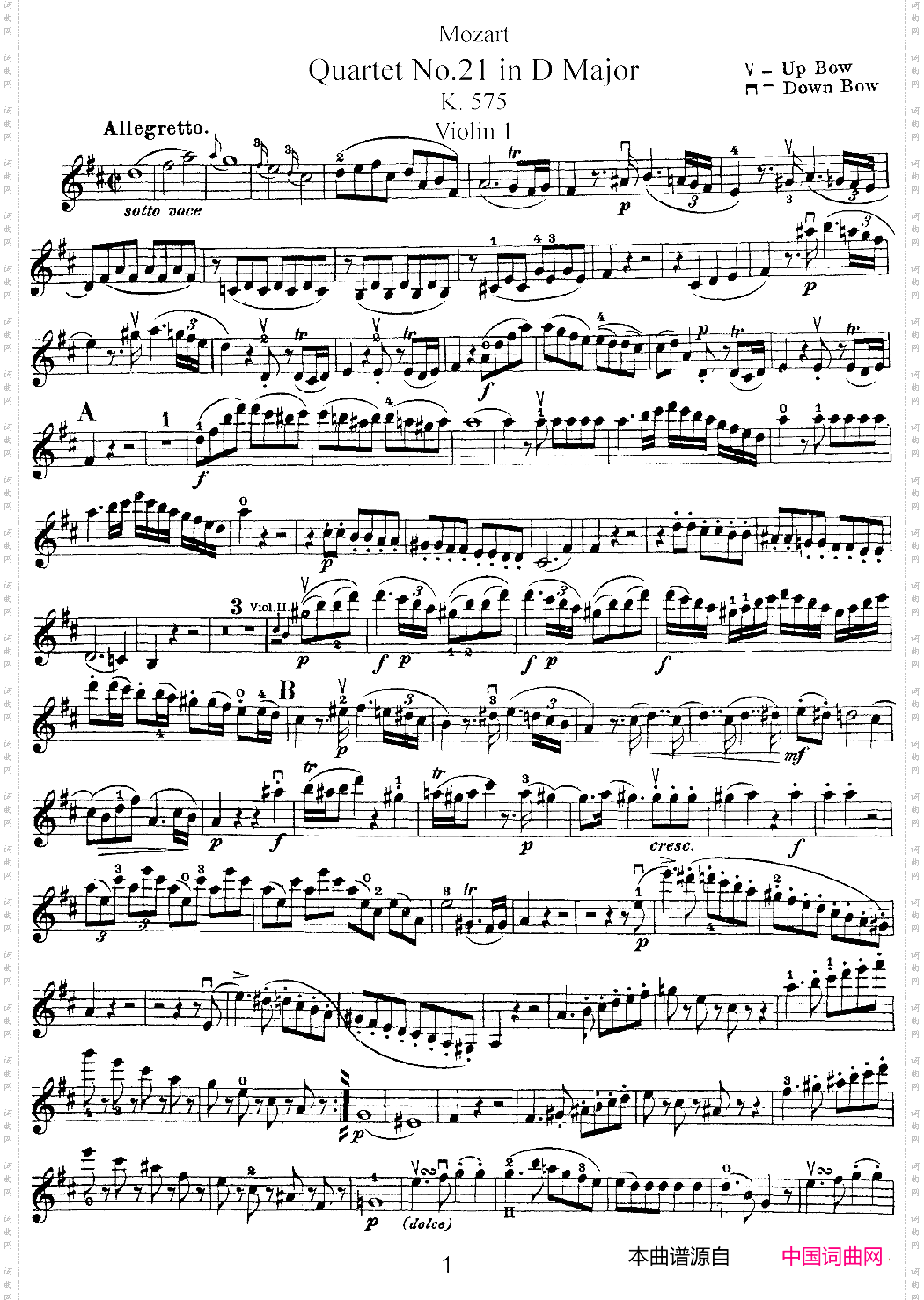 Mozart《QuartetNo·21inDMajor,K·575》_Violin 1分谱