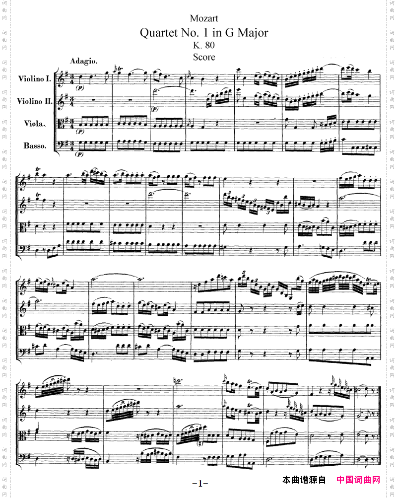 Mozart《QuartetNo·1inGMajor,K·80》_总谱
