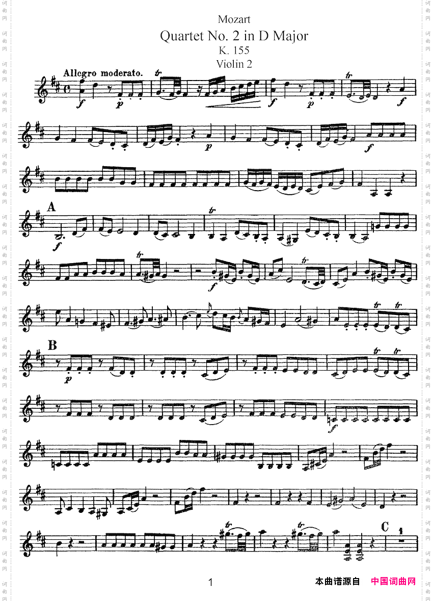 Mozart《QuartetNo·2inDMajor,K·155》_Violin 2分谱