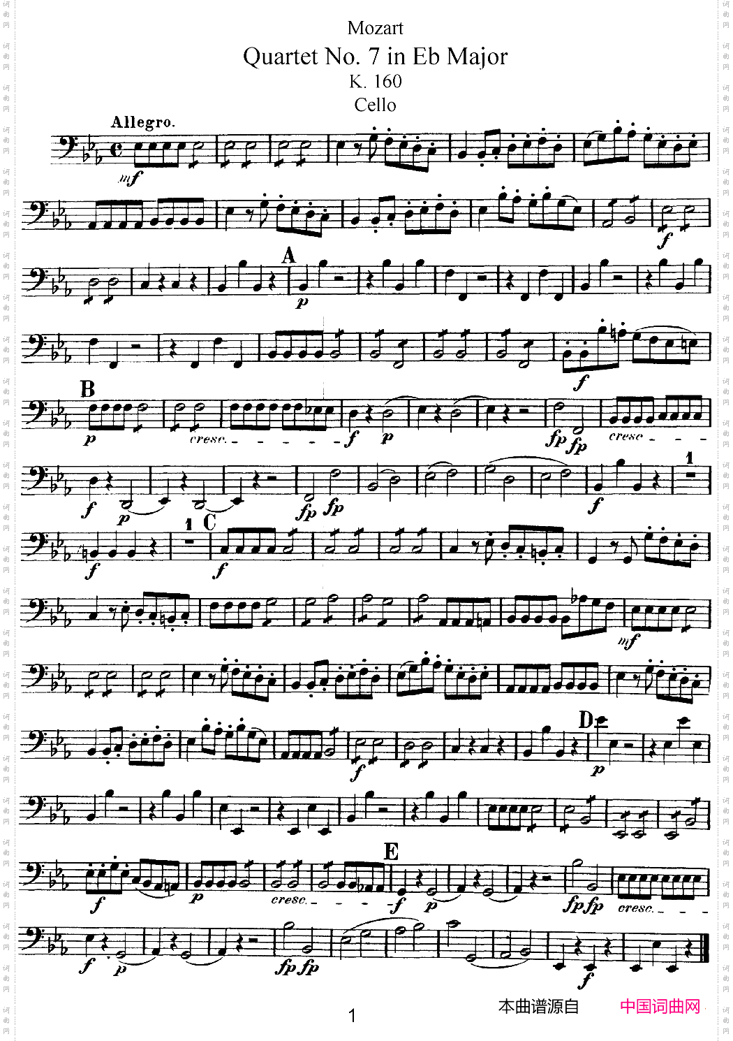 Mozart《Quartet No·7 in Eb Major,K·160》_Cello分谱
