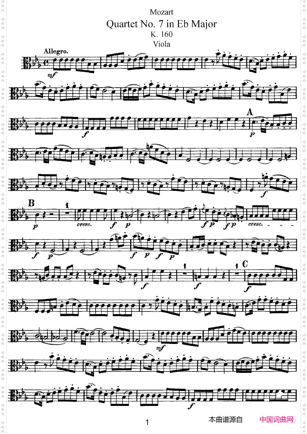 Mozart《Quartet No·7 in Eb Major,K·160》_Viola分谱