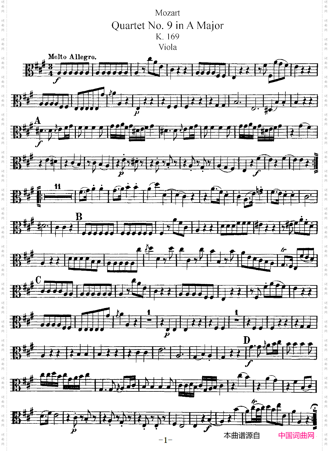 Mozart《Quartet No·9 in A Major,K·169》_Viola分谱