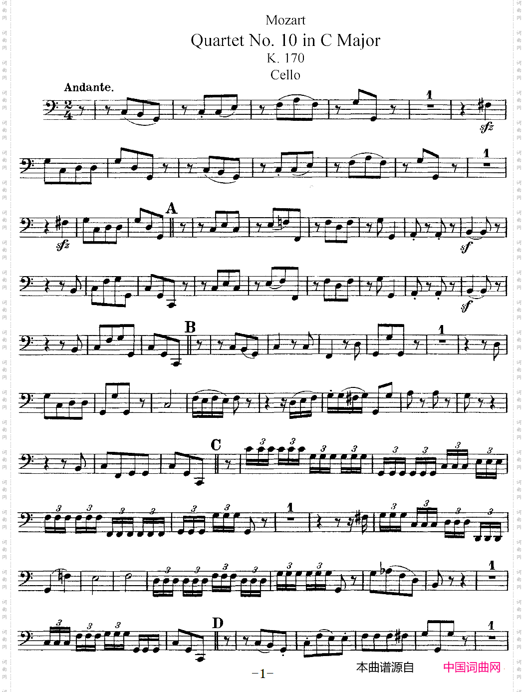 Mozart《Quartet No·10 in C Major,K·170》_Cello分谱