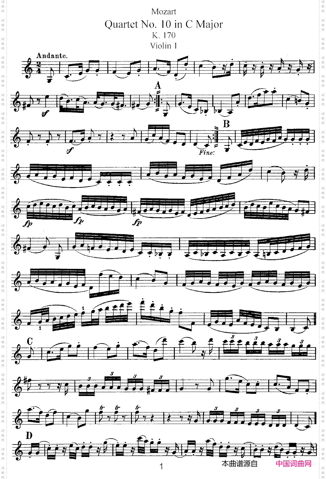 Mozart《Quartet No·10 in C Major,K·170》_Violin 1分谱