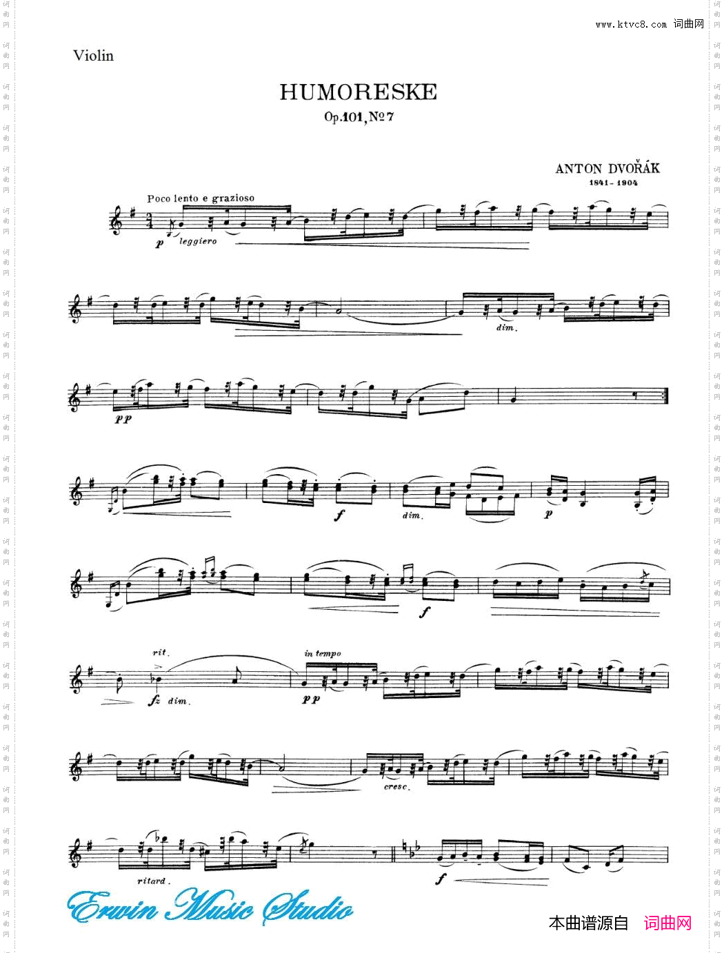 德沃夏克《幽默曲》作品·101,第7首小提琴分谱
