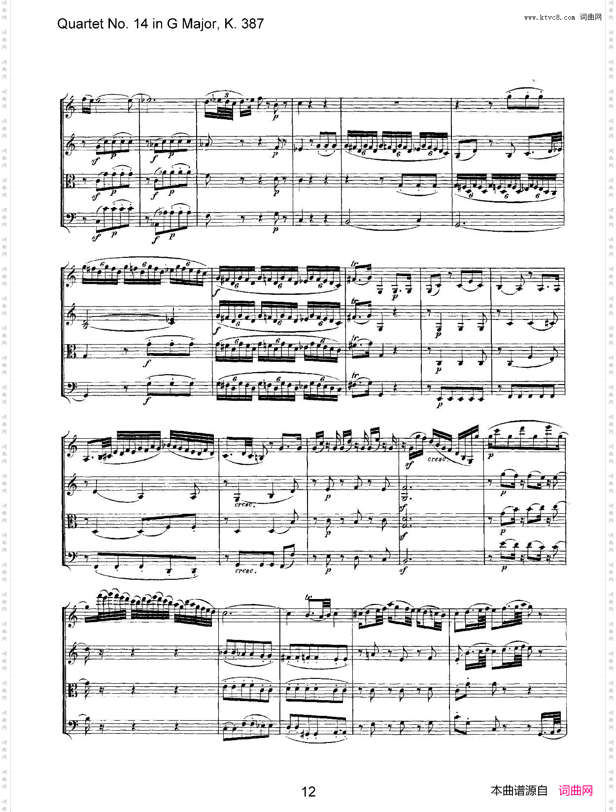 Mozart《QuartetNo·14inGMajor,K·387》_总谱