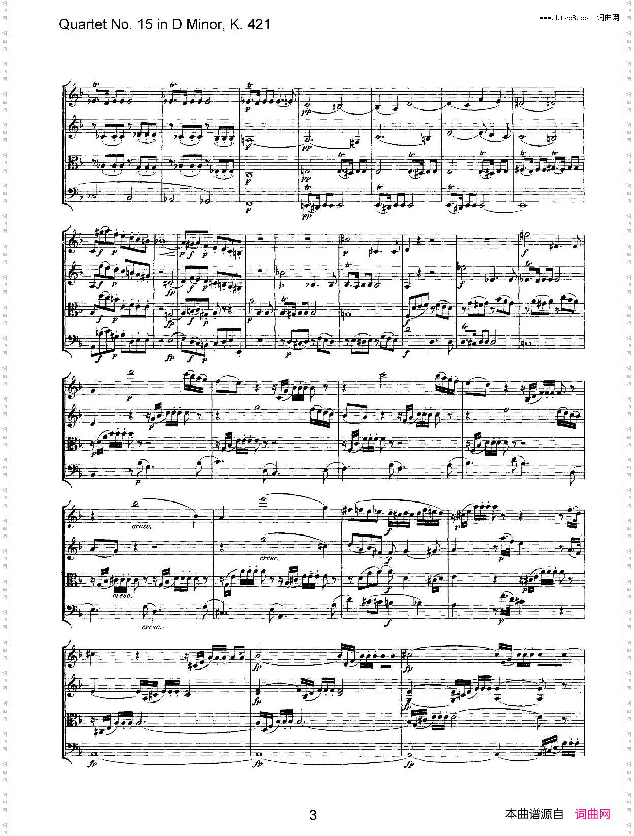 Mozart《Quartet No·15 in D Minor,K·421》_总谱