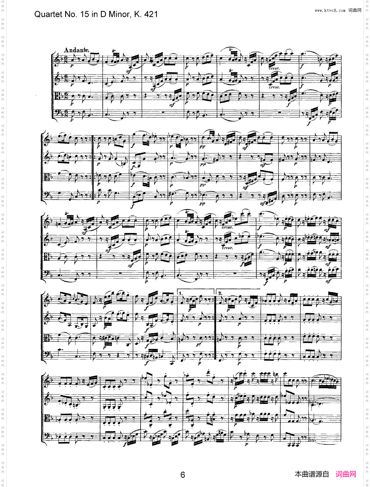 Mozart《Quartet No·15 in D Minor,K·421》_总谱