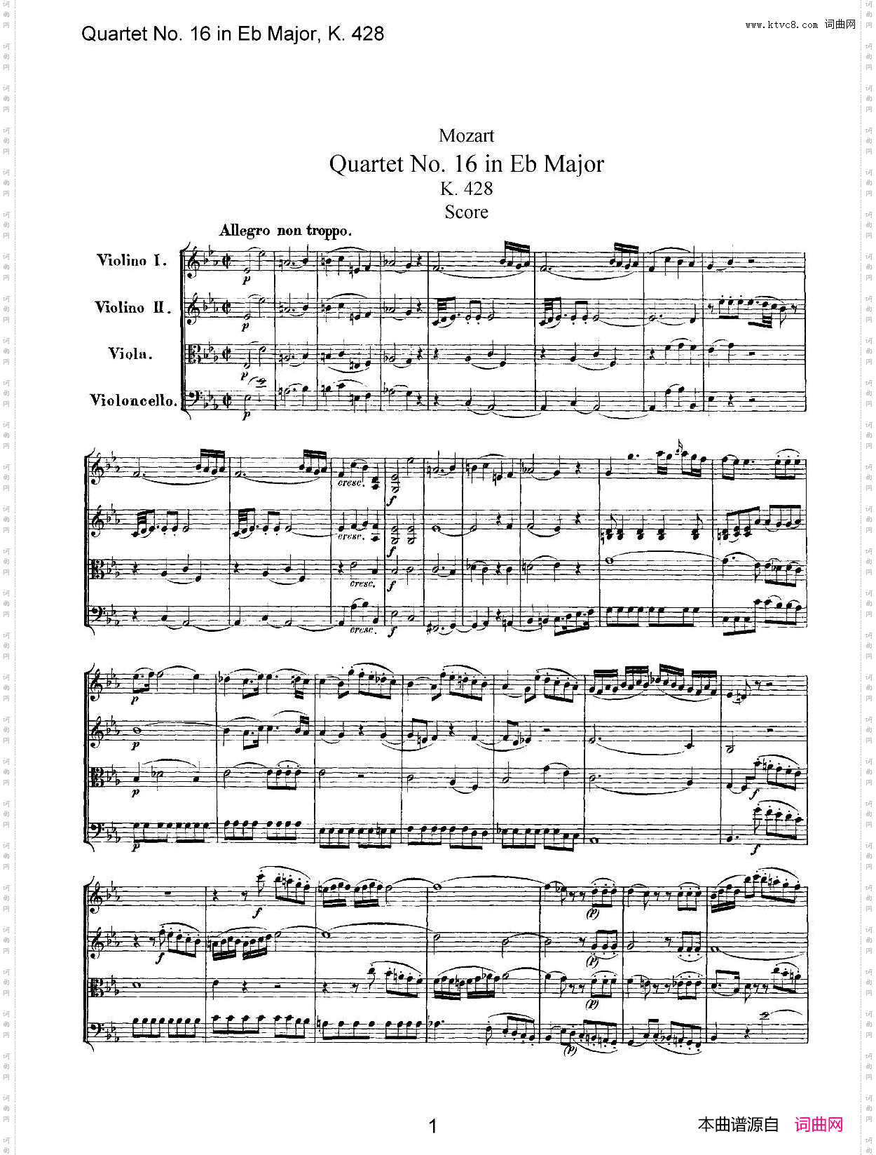 Mozart《Quartet No·16 in Eb Major,K·428》_总谱