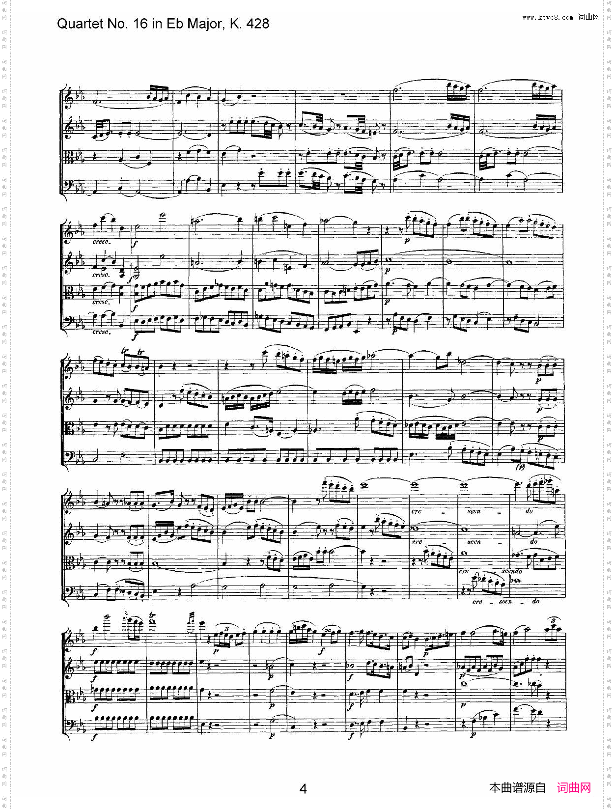 Mozart《Quartet No·16 in Eb Major,K·428》_总谱