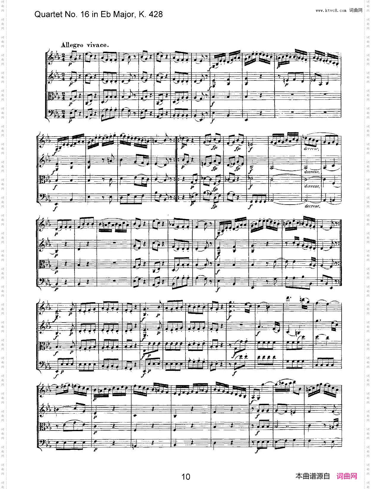 Mozart《Quartet No·16 in Eb Major,K·428》_总谱